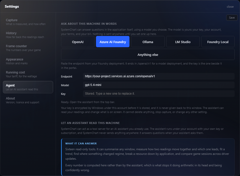 The Agent page in Settings, with providers to choose from, endpoint, model and key fields, and an explanation of what the tool server can answer.