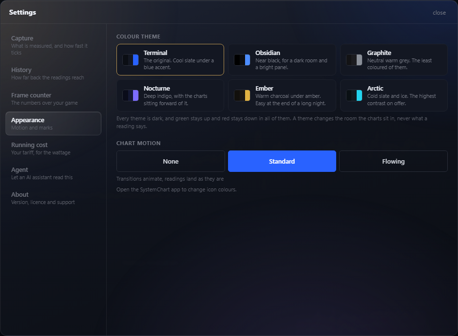 The Appearance page in Settings, with the six themes as buttons carrying a colour swatch, a name and a line on what each is for.