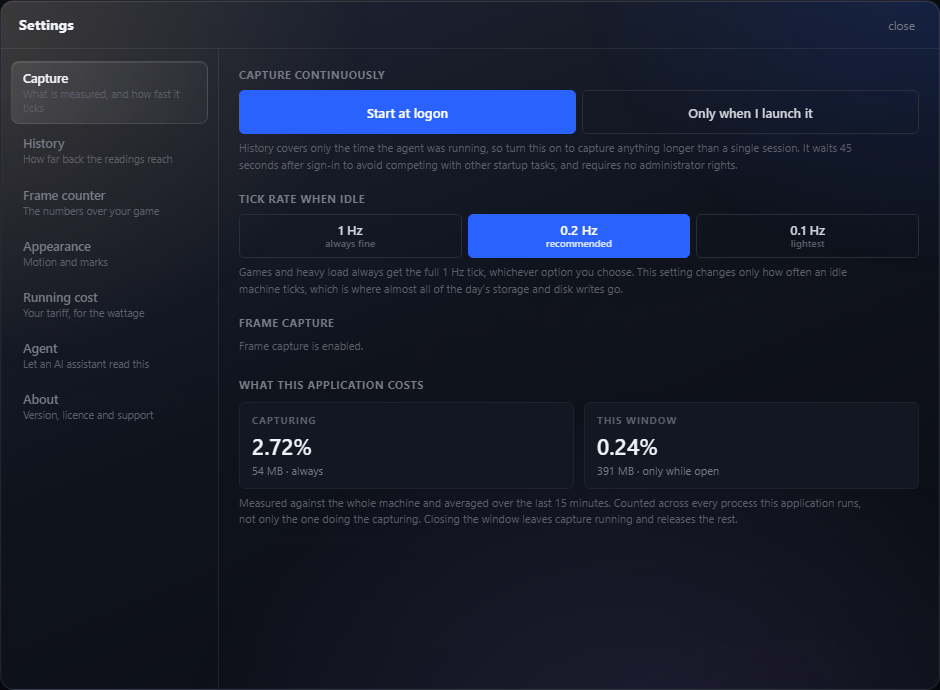 The Capture page in Settings, with the idle tick rate offered as 1 Hz, 0.2 Hz and 0.1 Hz, and a note that games and heavy load always get the full rate.