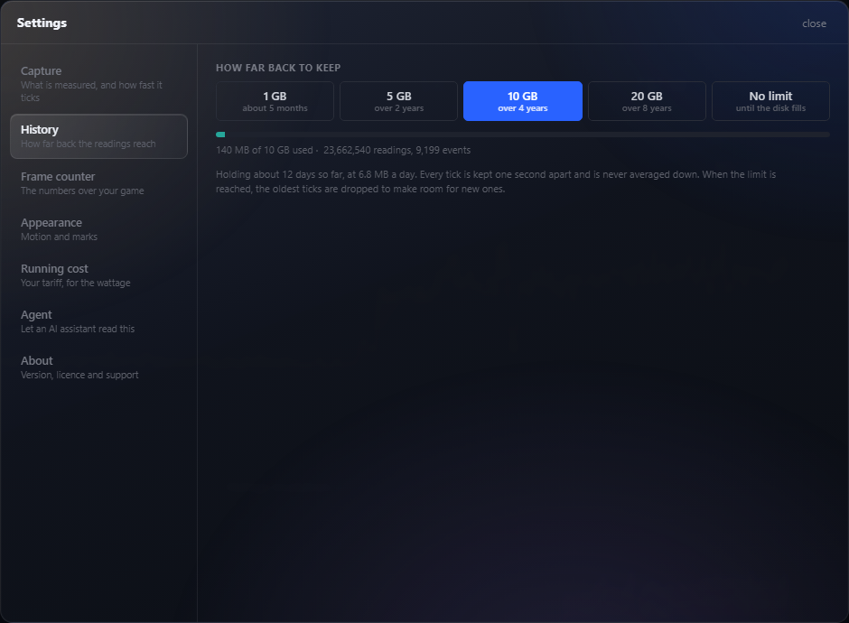 The History page in Settings, offering 1, 5, 10 and 20 GB budgets with the span each buys on this machine, and a no limit option beside them.